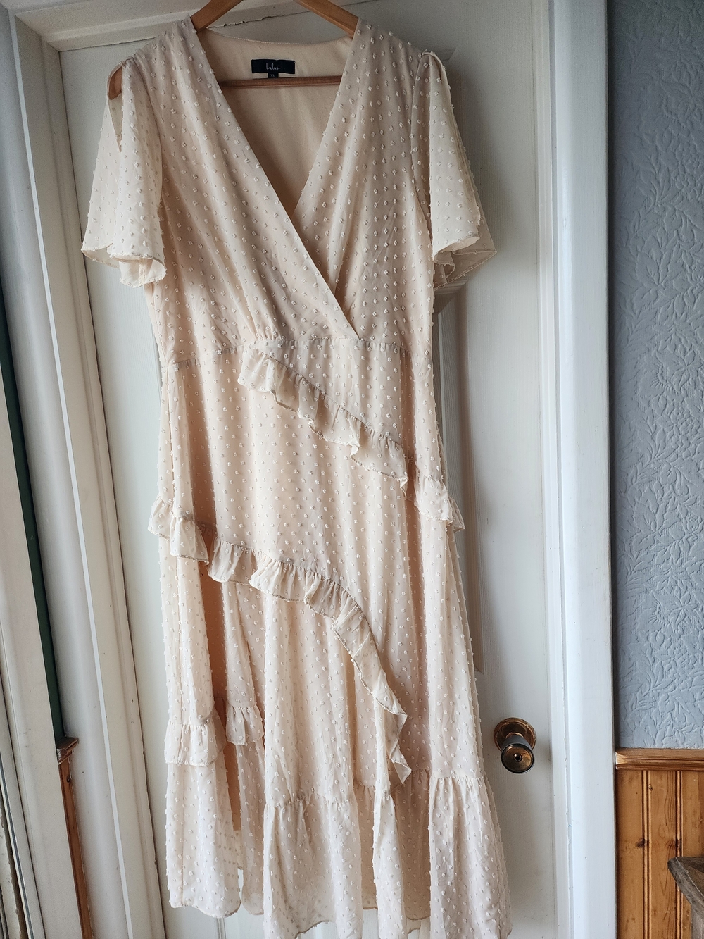 Lulus Cream Swiss Dot Ruffle Wrap Calf Length Dress In Xl